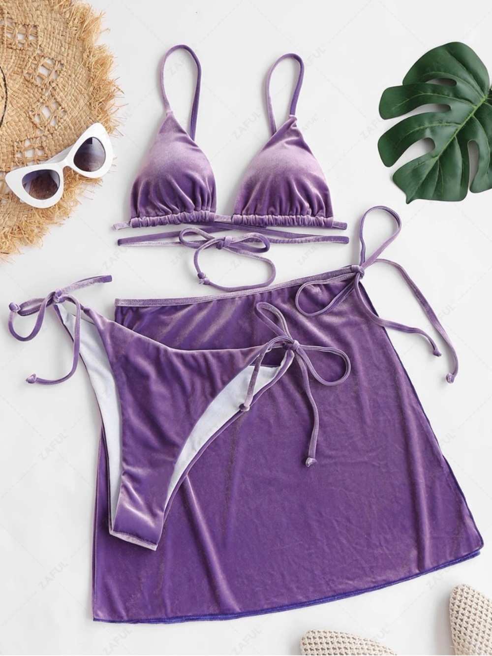 NWOT Beatiful Zaful Velvet Purple Three-Piece Bikini Set